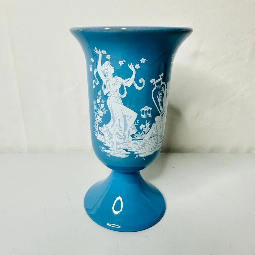 Florentine Made In Italy Blue Porcelain Neoclassical Greek Muse Pedestal Vase